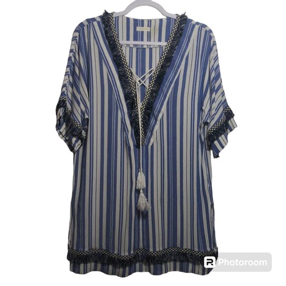 Pink Blush Blue Stripe Beachy Boho Swimsuit Cover Size M - Picture 1 of 8